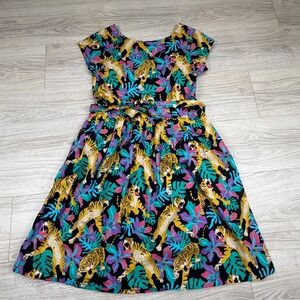 Run & Fly Women Tiger Tropical Floral Print Fit Flare Dress Black Size 10 Retro